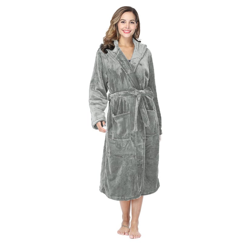 RONGTAI Womens Robes Plush Fleece Hooded Bathrobe Thick Nightgown with Pockets Fluffy Sleepwear (Large, Gray) - Image 1